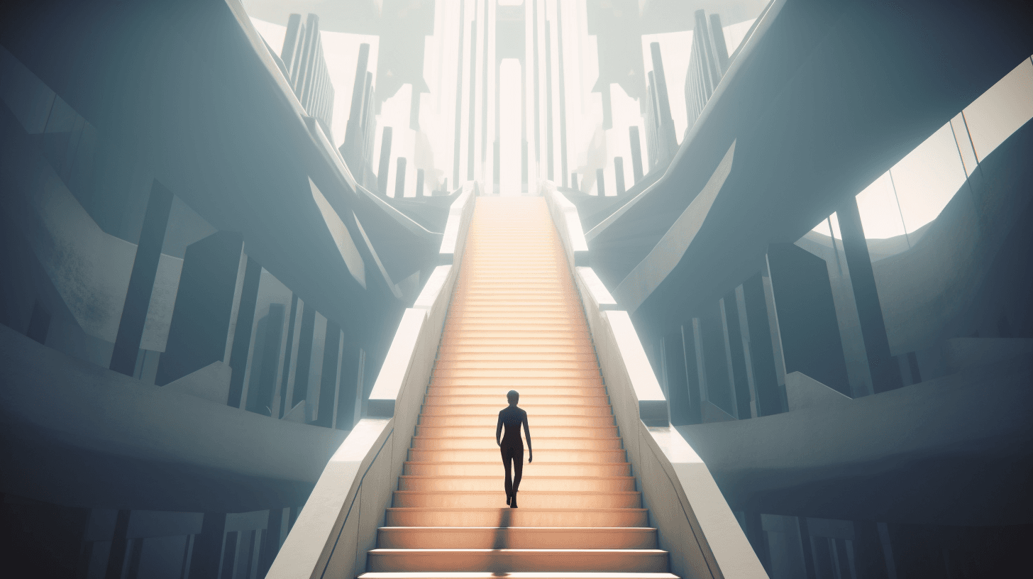 A lone figure climbing a long, glowing staircase through a vast, misty atrium