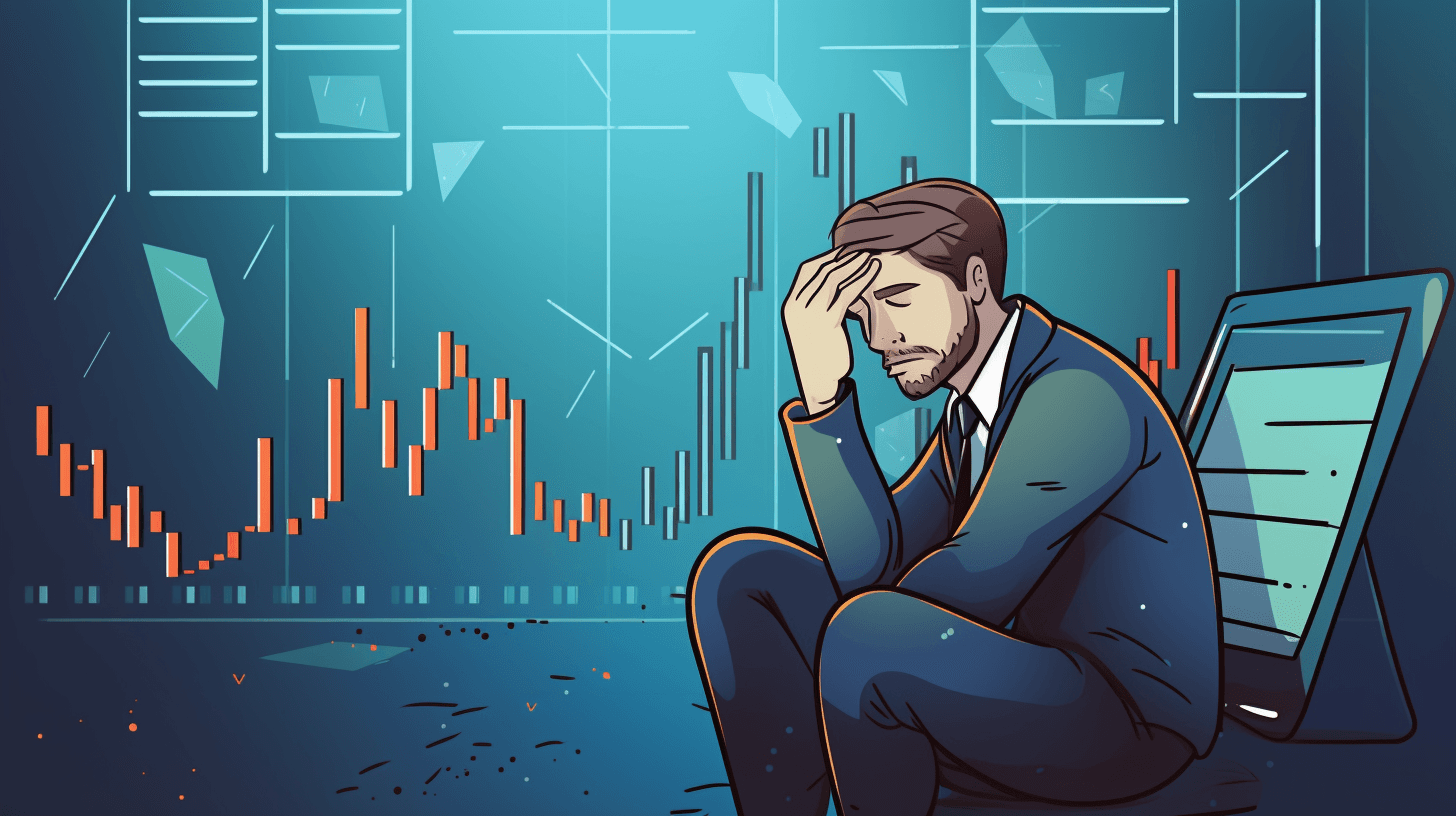 Illustration of a man in a suit holding his head in frustration in front of a stock chart