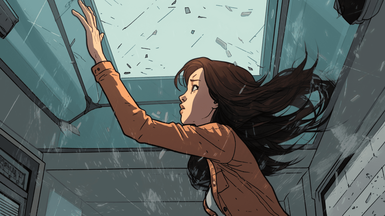 Illustration of a woman in a brown jacket reaching up toward a shattering glass ceiling