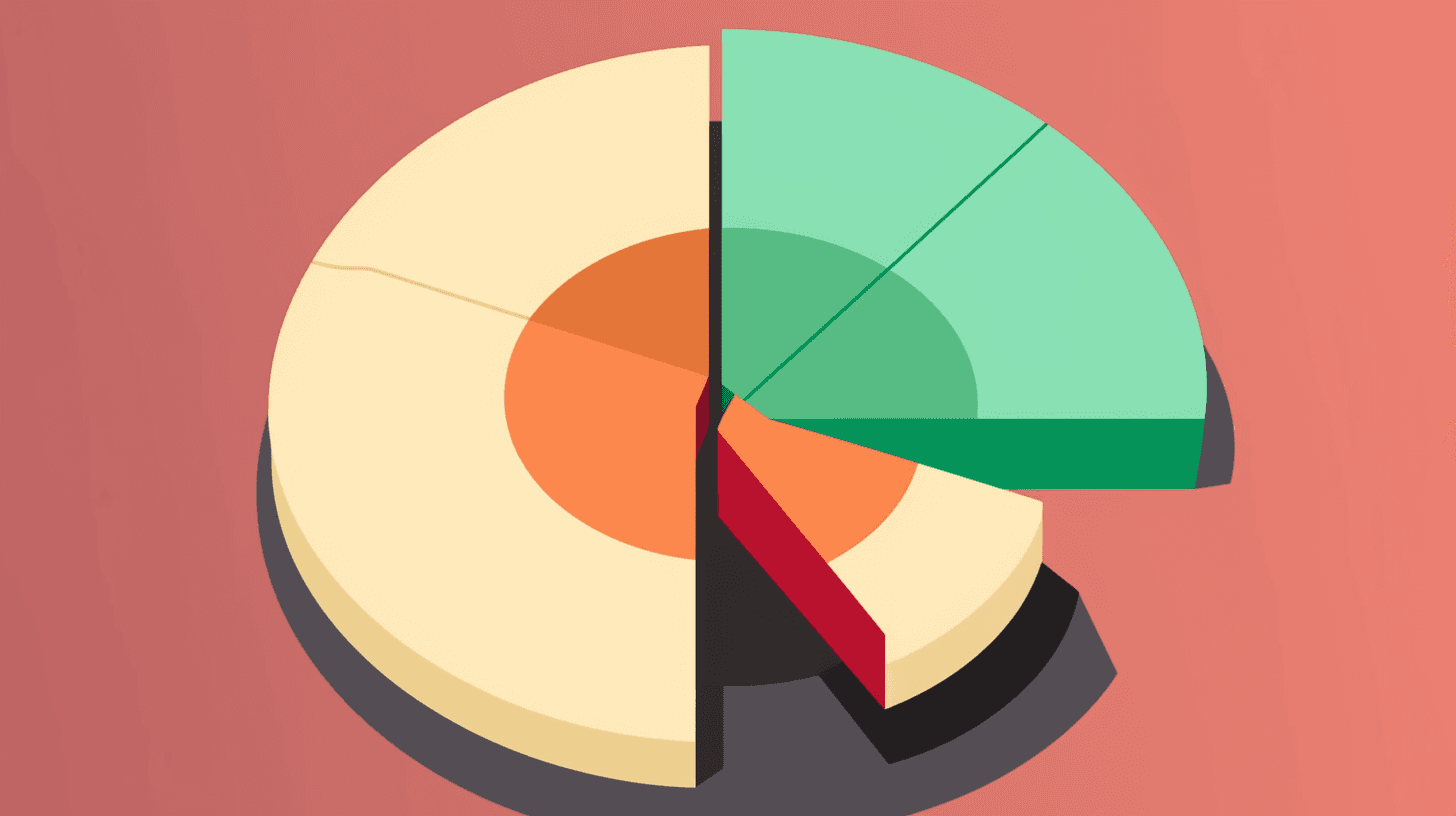 Stylized 3D pie chart with cream, orange, green and red slices on a coral background