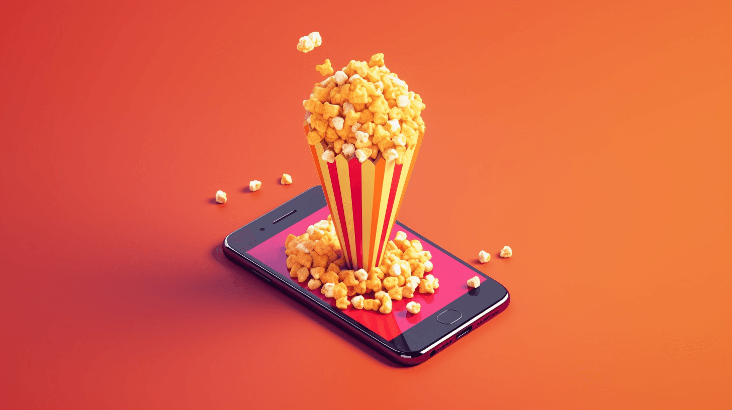 A striped cup overflowing with popcorn rising out of a smartphone screen on an orange background
