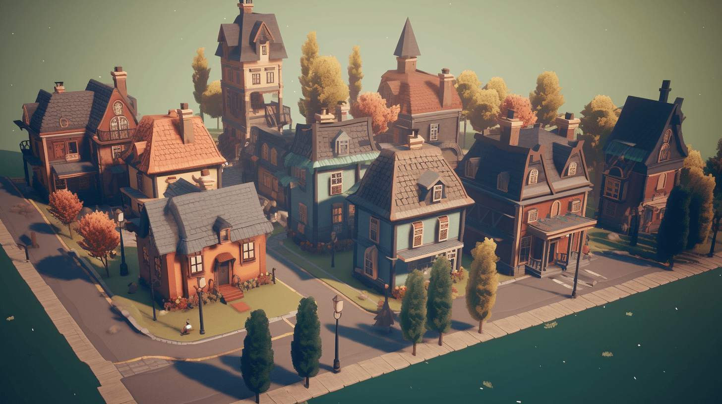 Miniature model of a small town with Victorian houses and autumn trees along curving streets