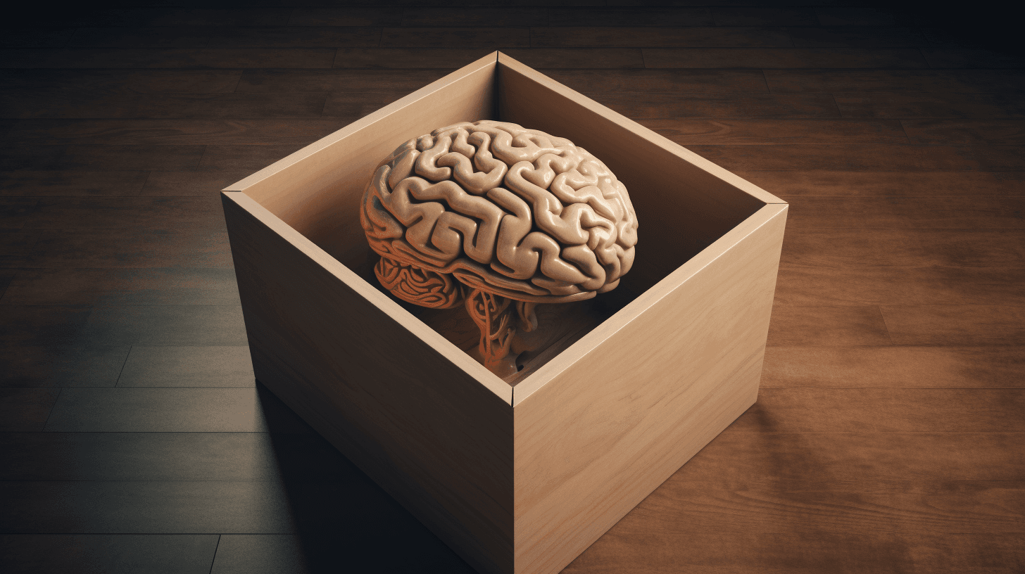 A human brain sitting inside an open wooden box on a dark wooden floor