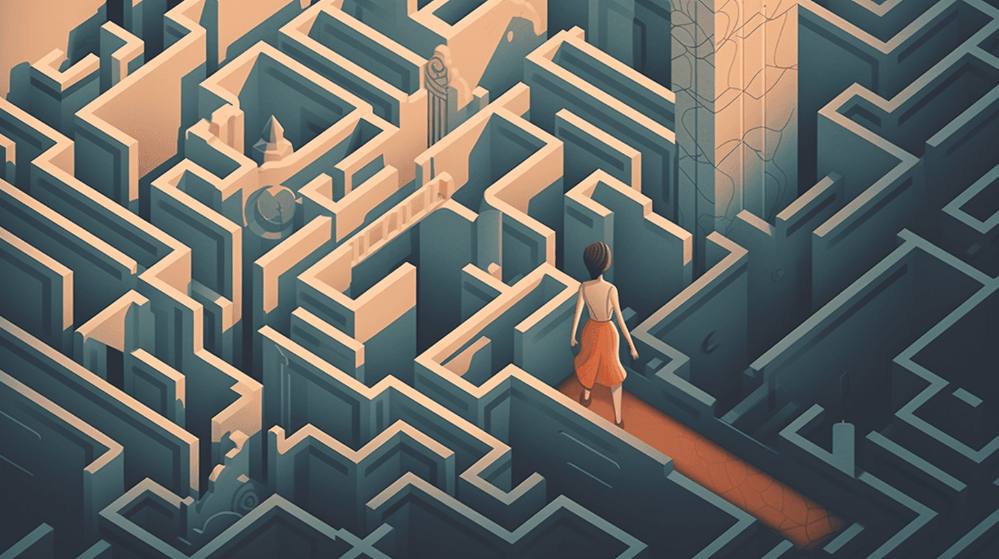 Illustration of a woman in an orange skirt standing in a towering stone maze