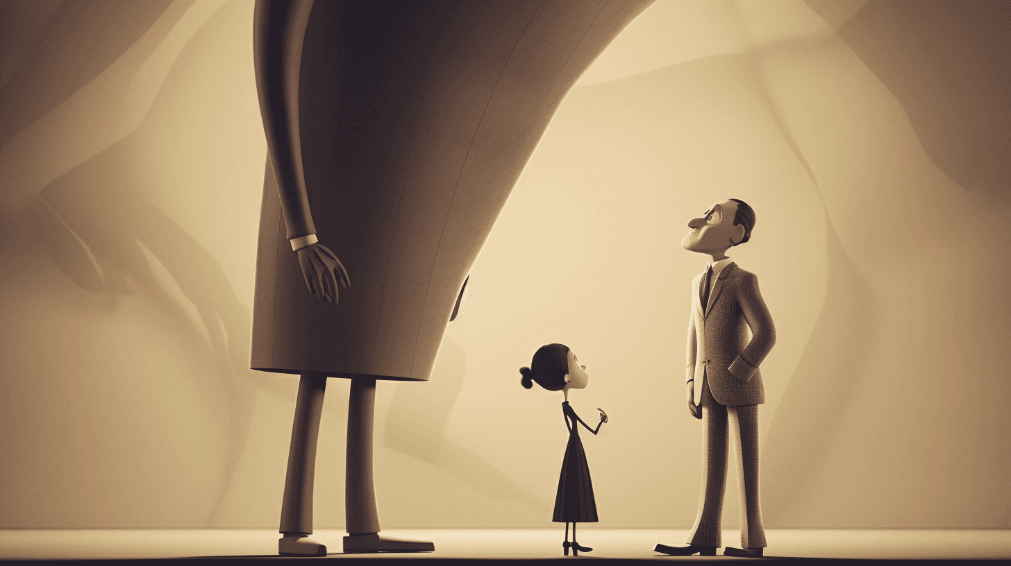 Illustration of a towering figure in a suit, looked up at by a small girl and a man