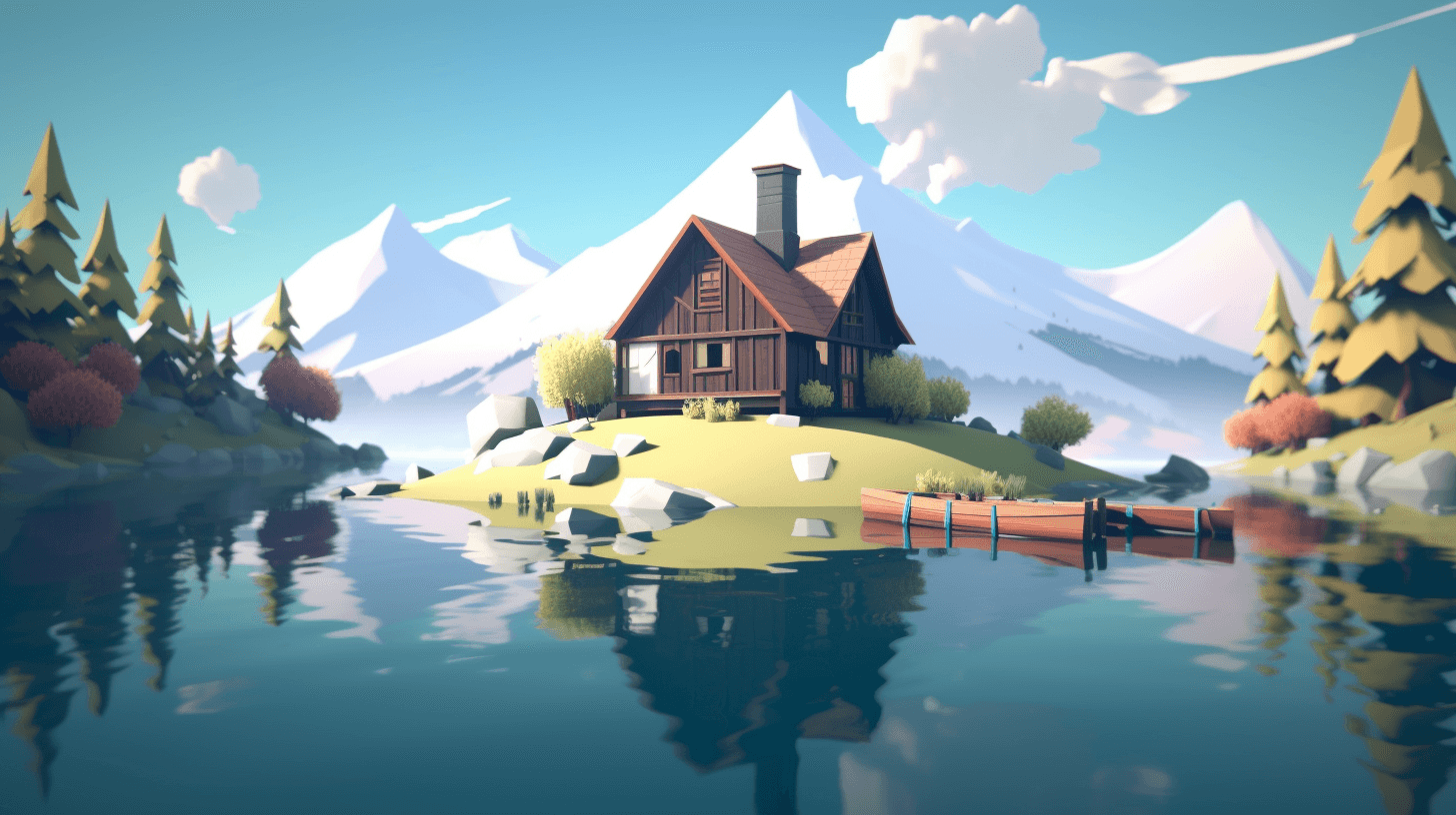 Illustration of a wooden cabin on a small island in a lake, with snowy mountains behind