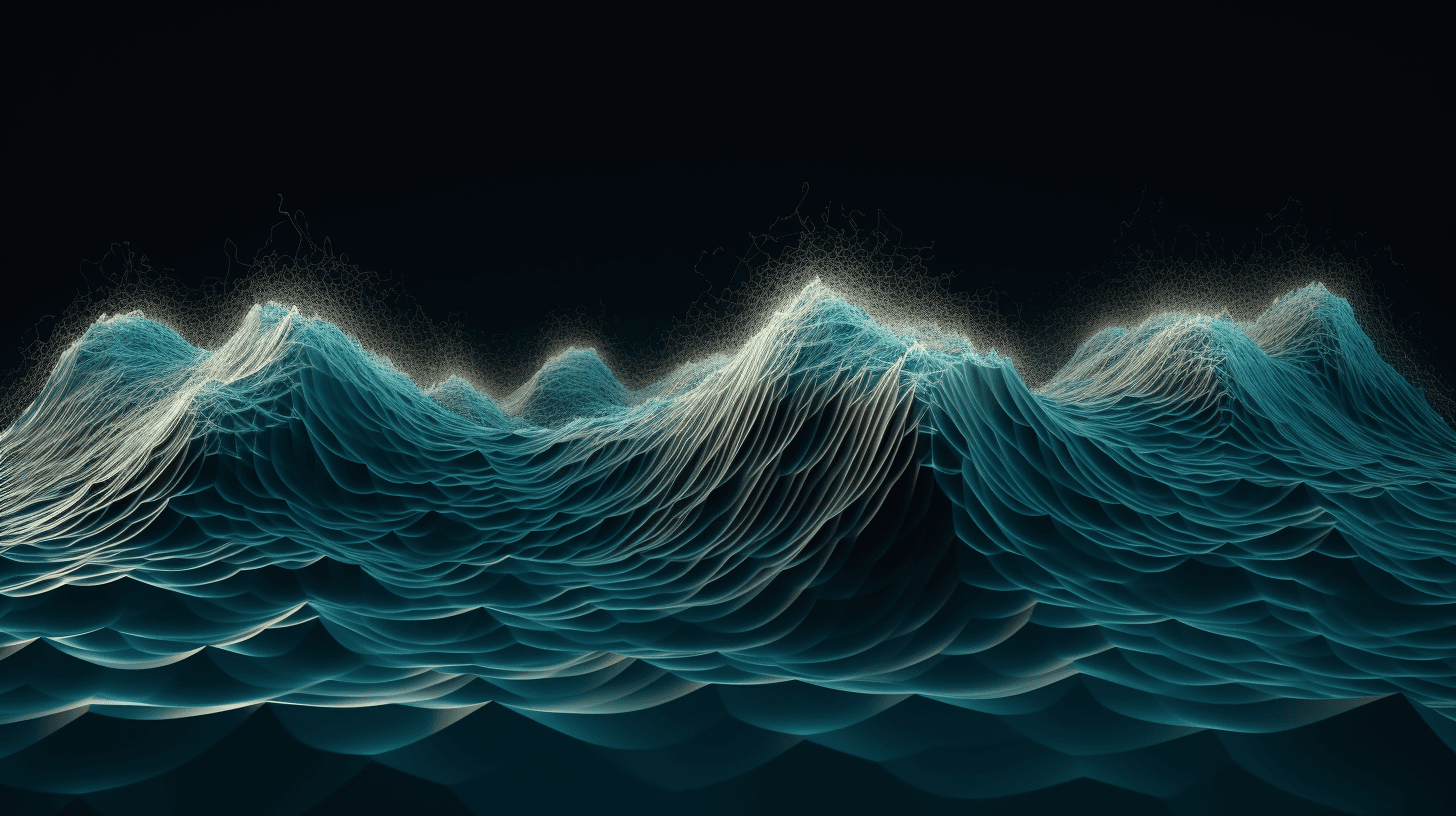 Abstract rendering of teal waves made of fine glowing lines against a black background