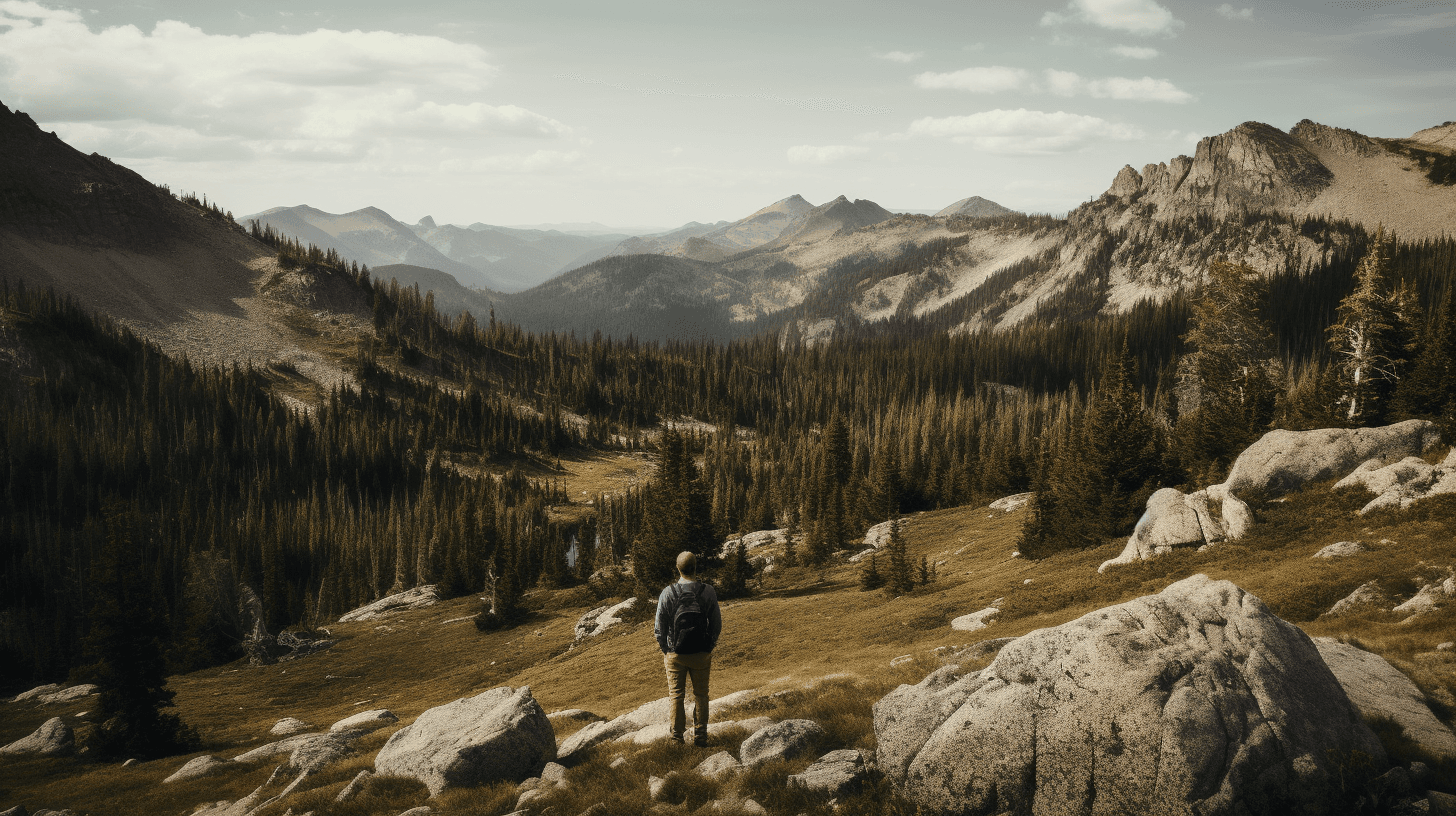 A hiker with a backpack standing in a mountain valley of pine forest and granite boulders