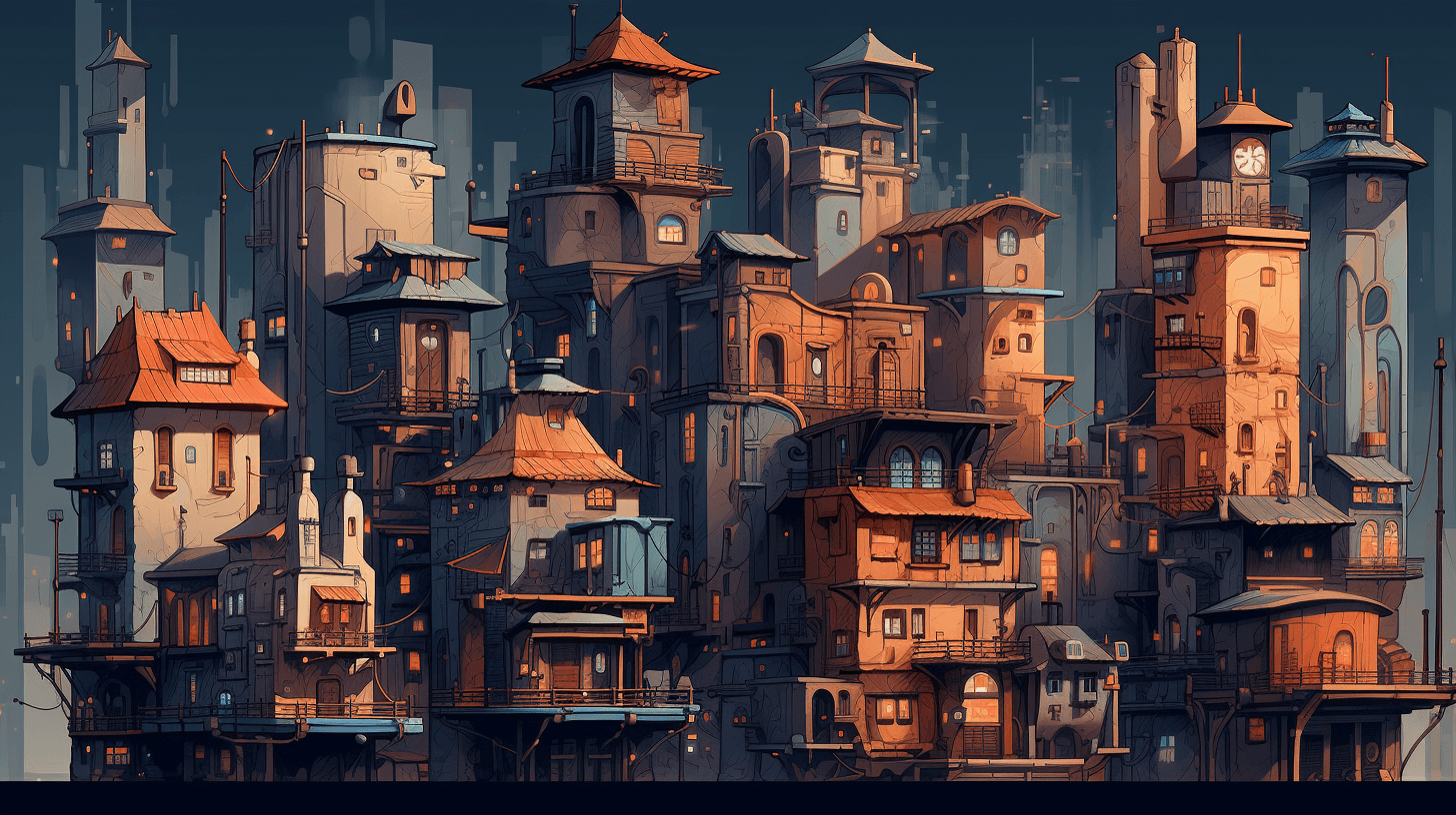 Illustration of a dense cluster of tall, ramshackle towers and houses at dusk