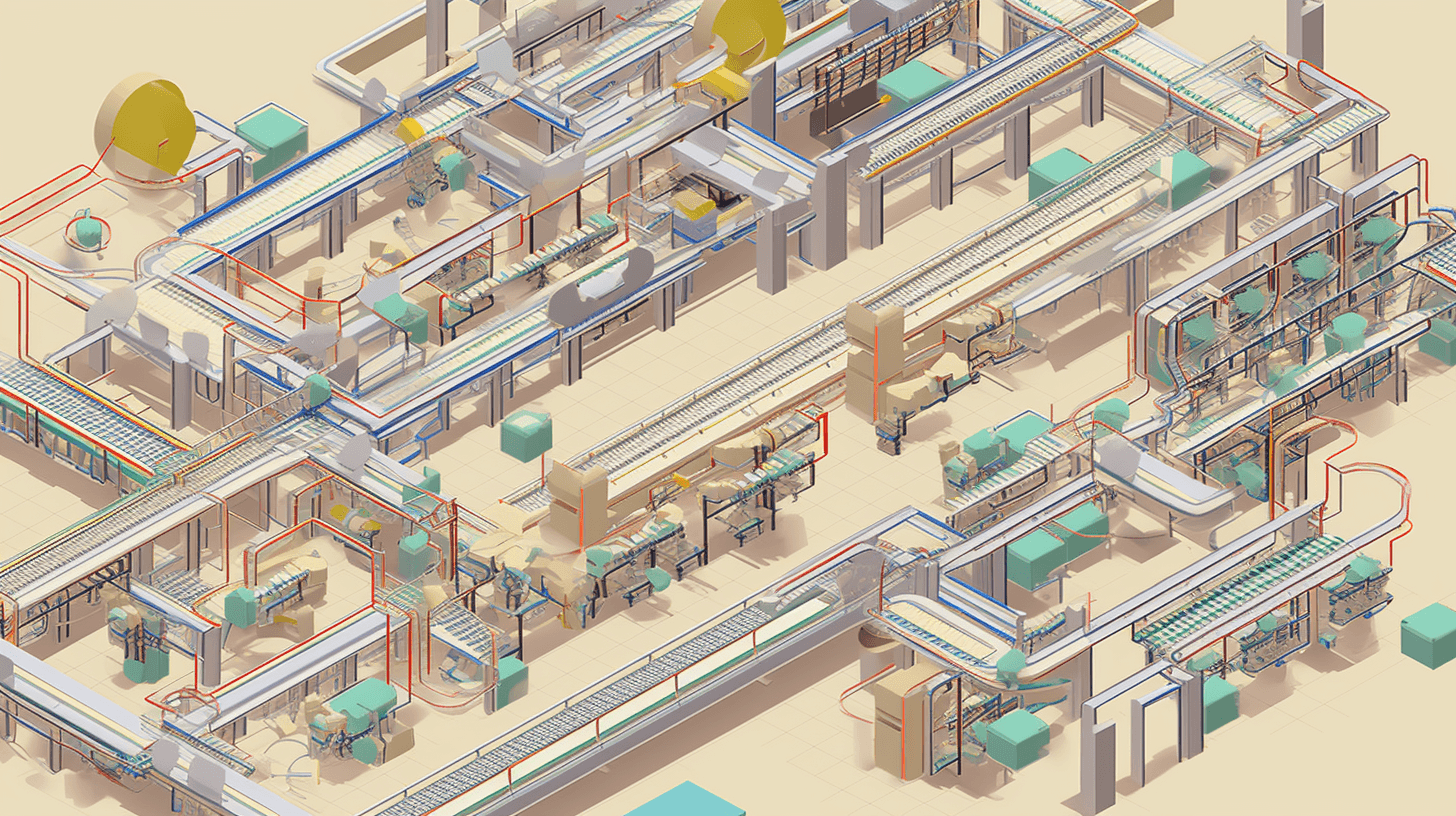 Isometric illustration of a factory floor crowded with conveyor belts, machines and pipes