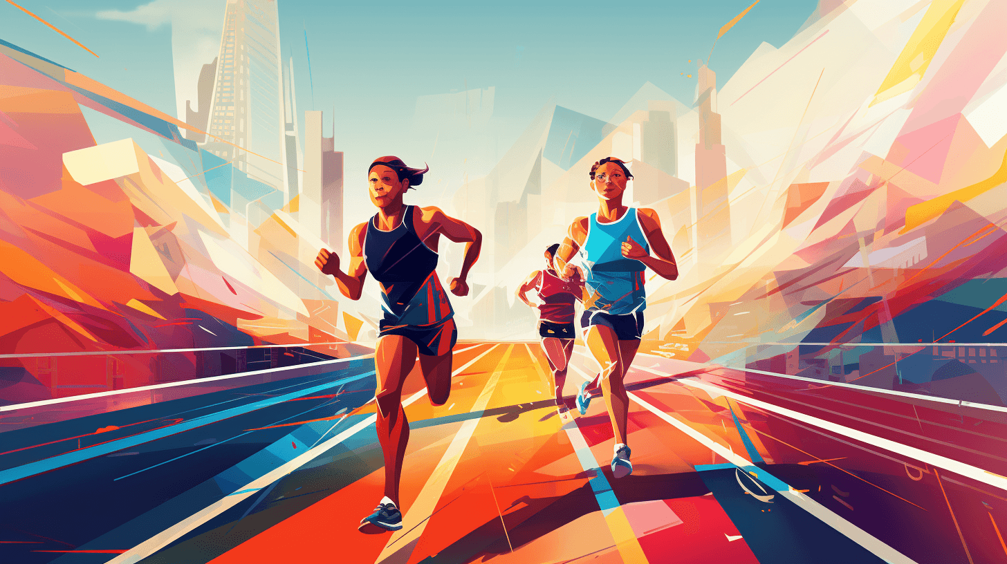 Illustration of three runners racing down a colorful track toward a city skyline