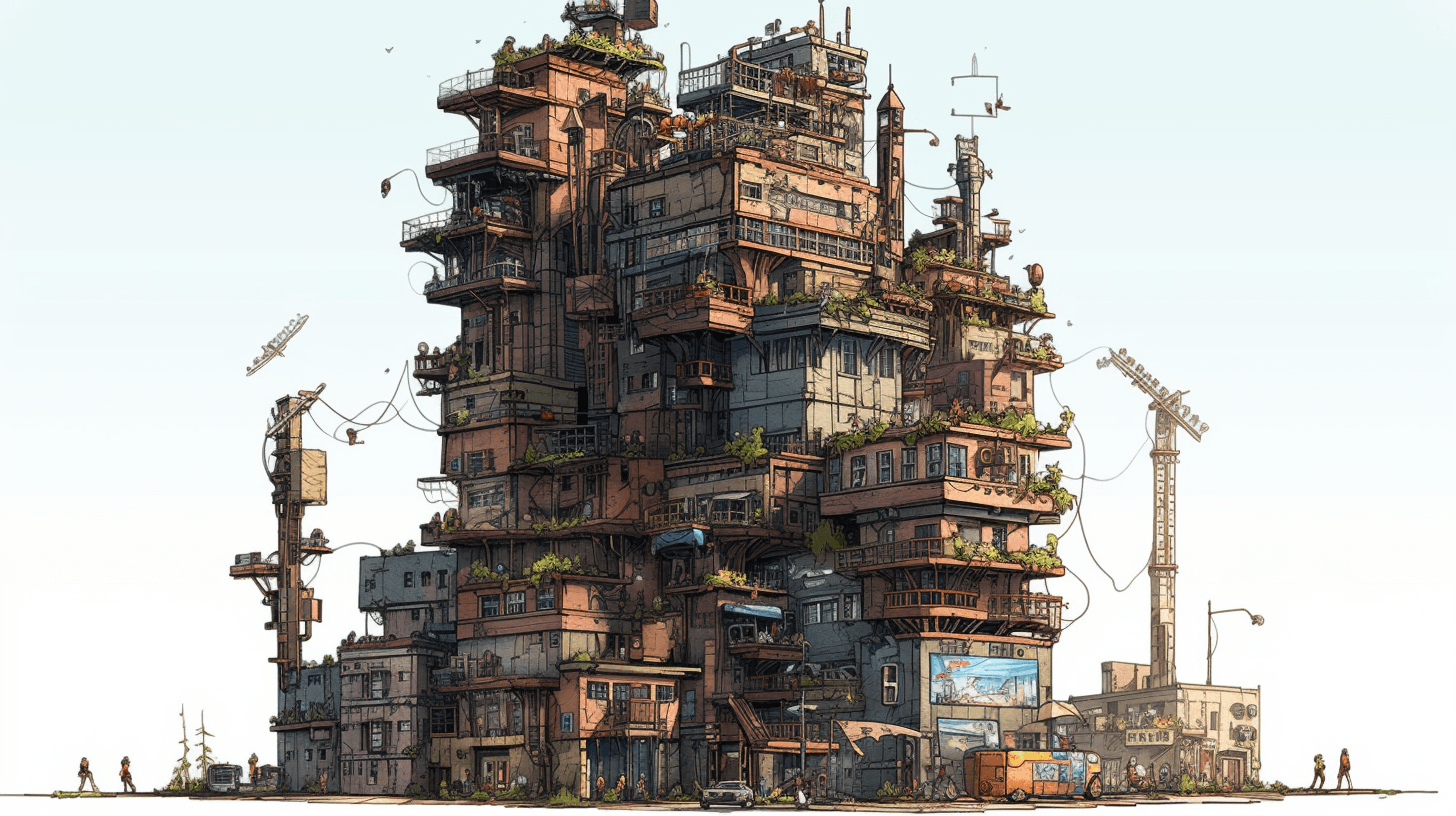 Illustration of a towering, ramshackle building of stacked apartments flanked by construction cranes