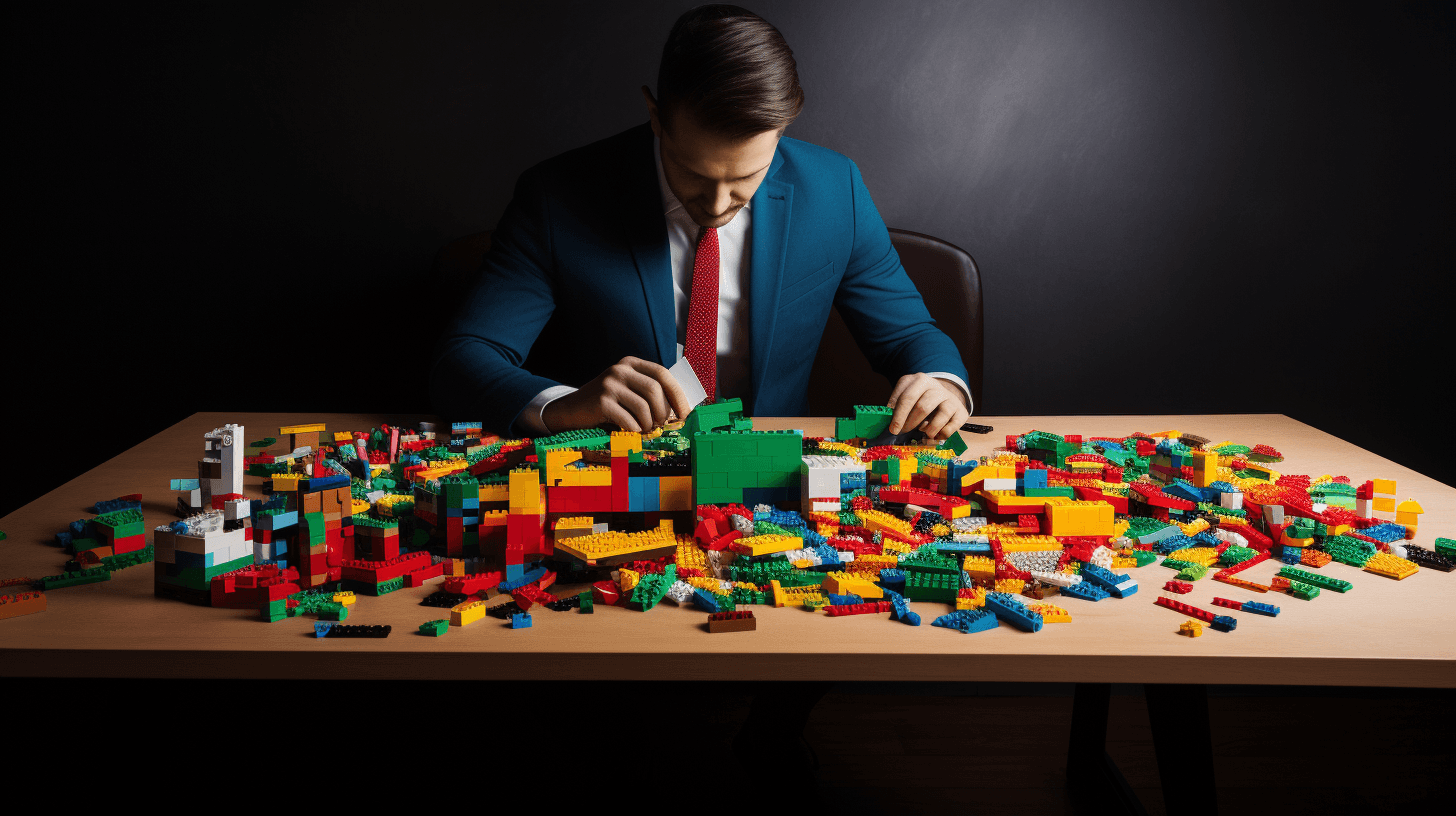 A man in a suit and red tie sorting a table covered in colorful toy building bricks